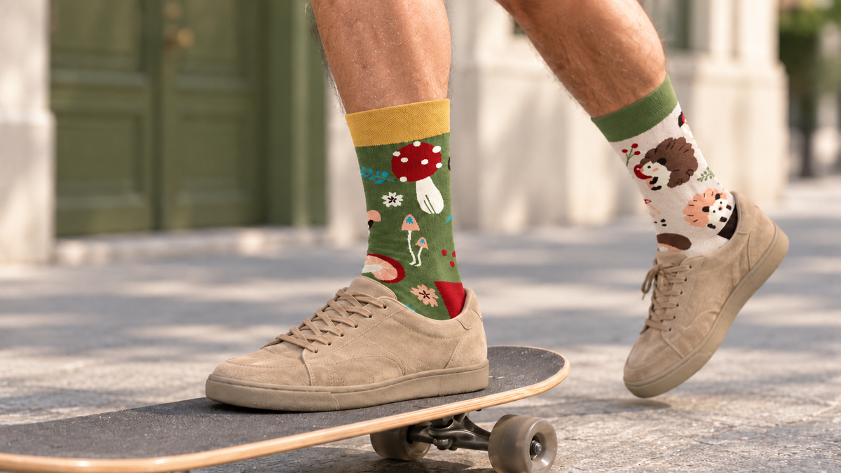 Gogolinda mushroom and hedgehog mismatched socks worn while skateboarding